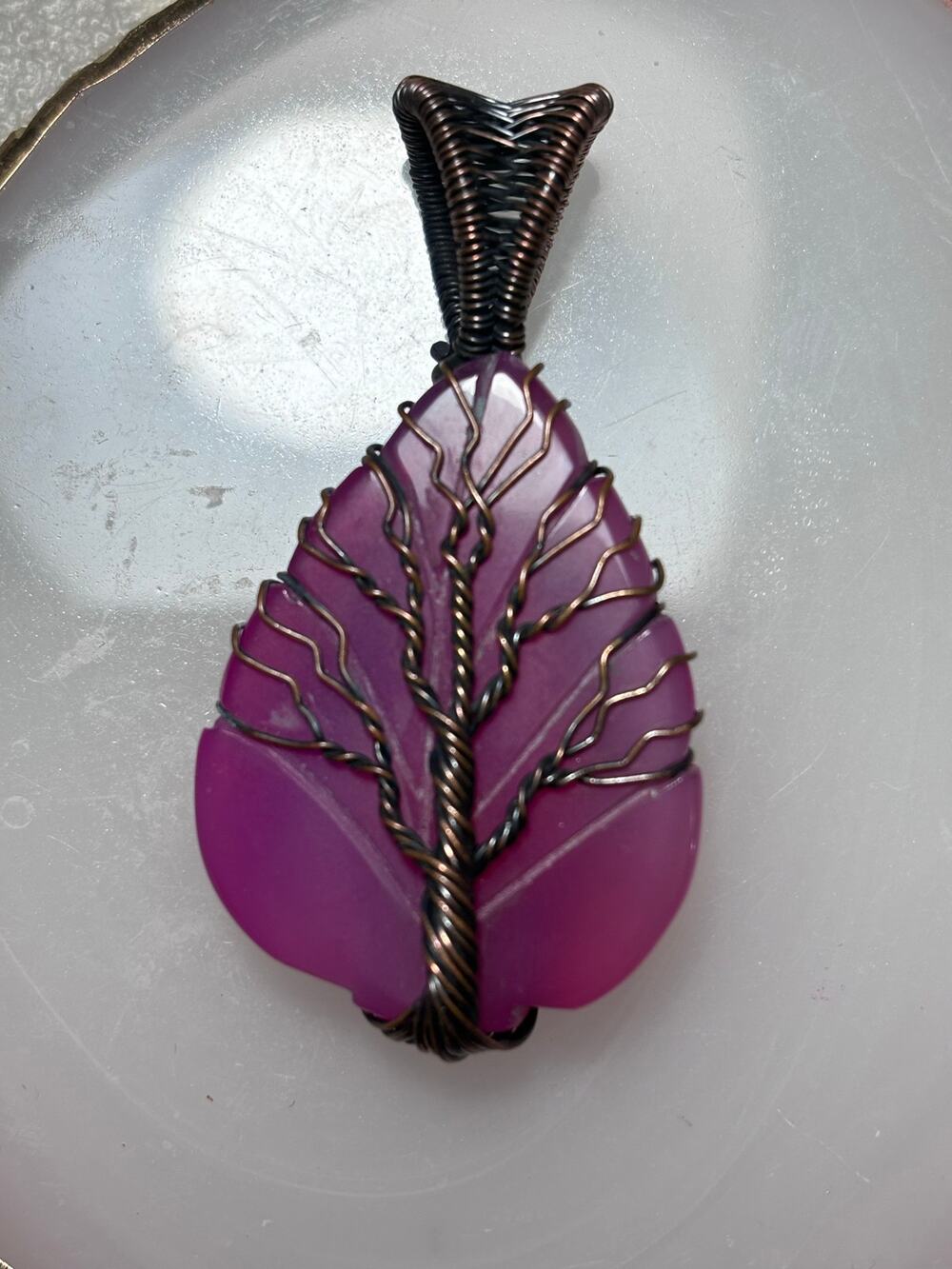 Tree of Life Wire Wrapped Copper Carved Bostwana Agate Pendant